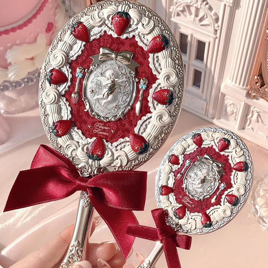 Flower KnowsStrawberry Cupid Hand Mirror,Vintage Handheld Mirror,Fancy & Pretty Princess Mirror with Long Handle,Gift for Girls & Women(Red Velvet)
