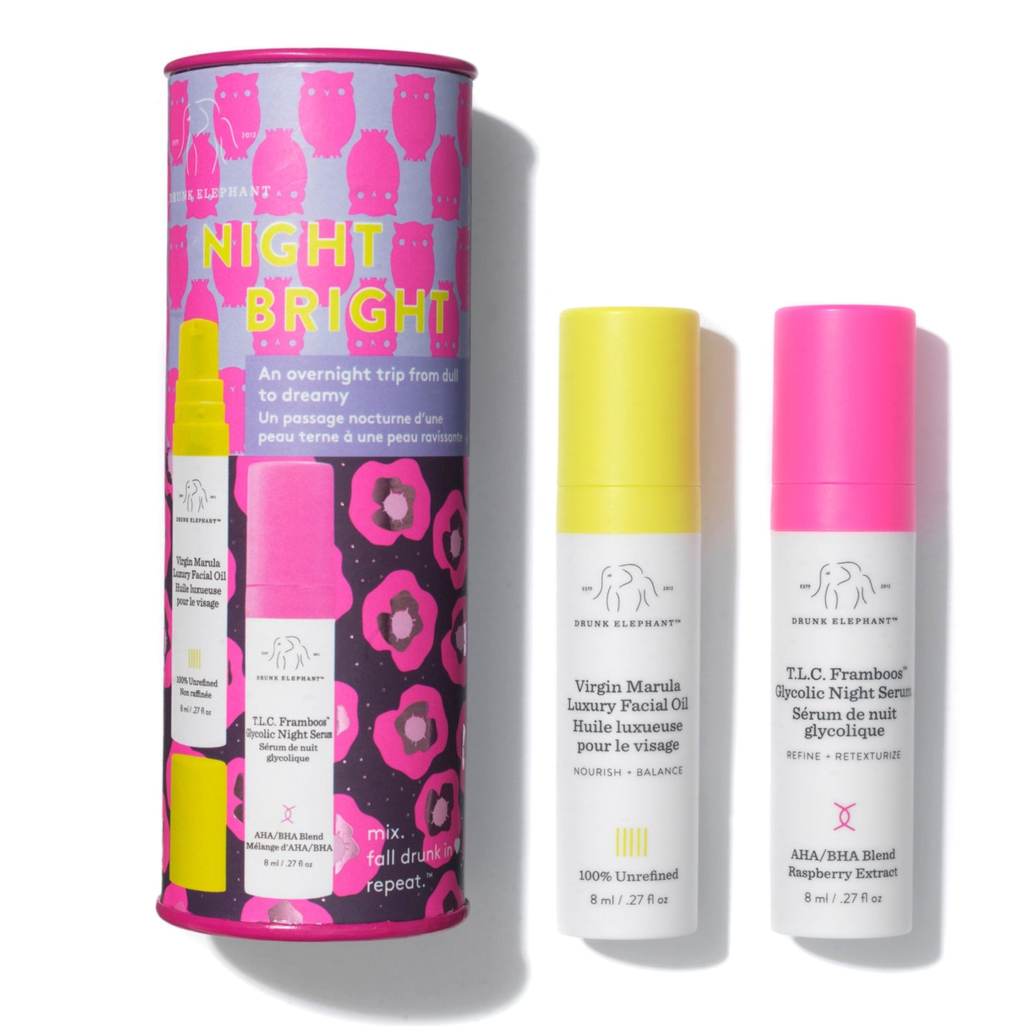 Drunk Elephant Full Sized Night Bright Duo - Nighttime Skin care Routine with T.L.C. Framboos Glycolic Night Serum and Virgin Marula Luxury Facial Oil
